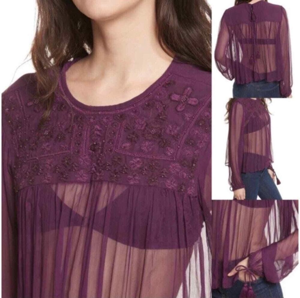 Free People Retro Femme sheer blouse Plum Purple Sz XS